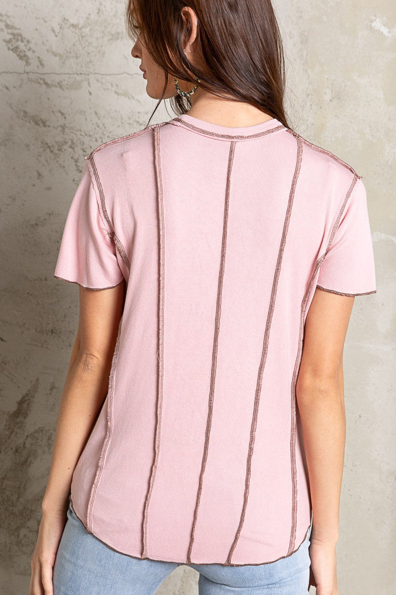 POL Half Sleeves Round Neck Emphasized Stitch Ribbed Knit Top