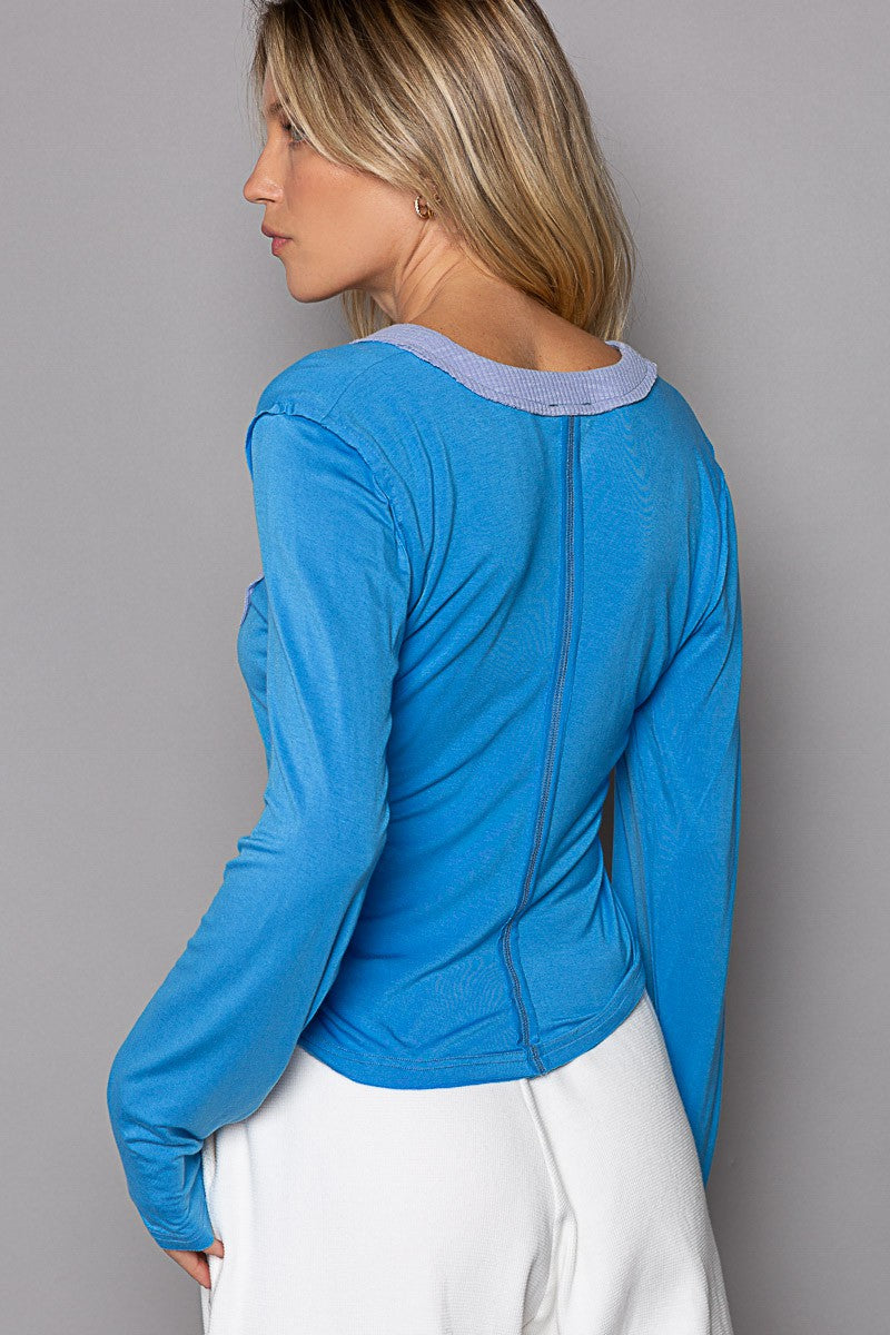 POL Shirring detailed Long Sleeve V-neckline Knit Top - Roulhac Fashion Boutique
