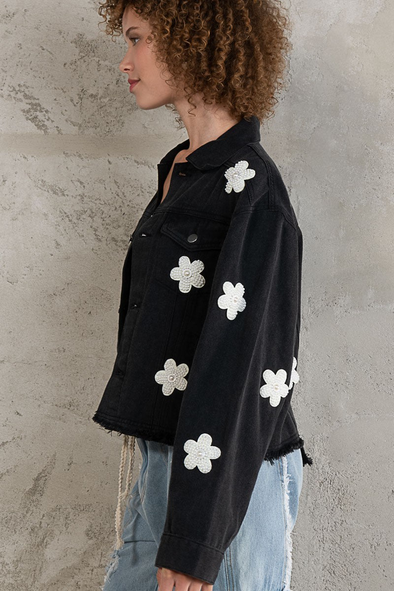 POL Button Down Chest Pockets Floral Patch Relaxed Fit Jacket
