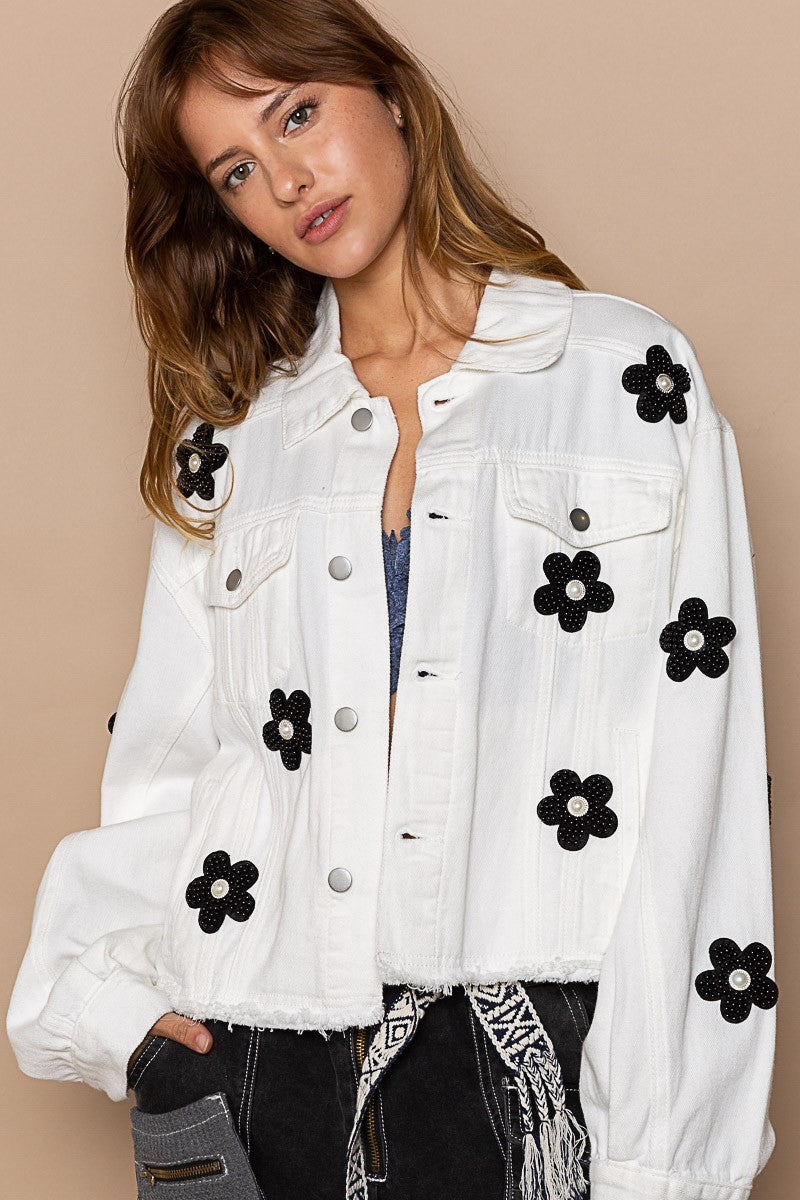 POL Button Down Chest Pockets Floral Patch Relaxed Fit Jacket - Roulhac Fashion Boutique