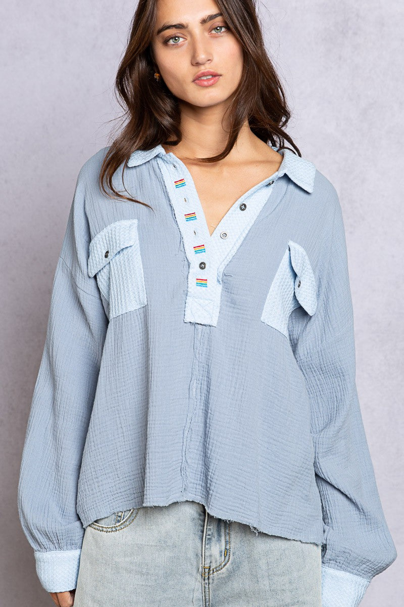 POL Color Stitch Relaxed Fit Front Pocket Long Sleeve Top