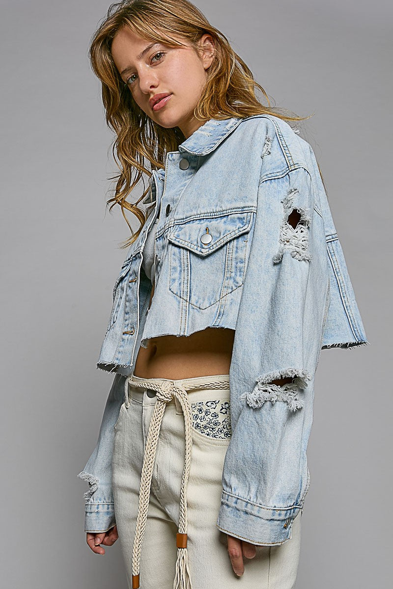 POL Cropped Distressed Raw Edge Front Pockets Denim Jacket - Roulhac Fashion Boutique