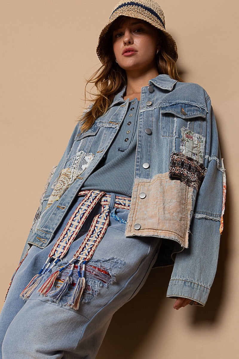 POL Distressed Outseam Patch Button Denim Jacket