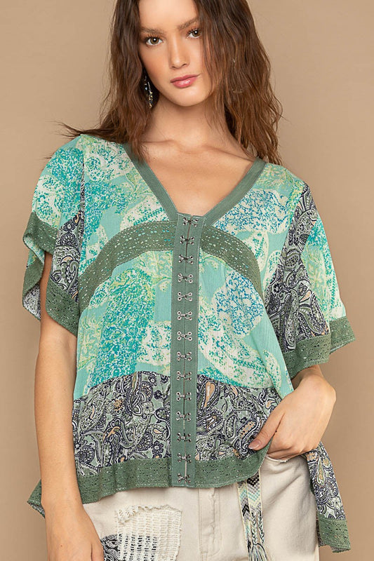 POL Multi print mixed Vneck Half Sleeves Woven eyelet tape colored trim Top - Roulhac Fashion Boutique