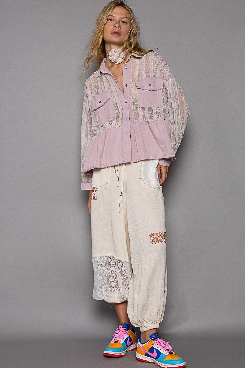 POL Oversize Button Down Contrast Lace Pattern Shirt Jacket - Roulhac Fashion Boutique