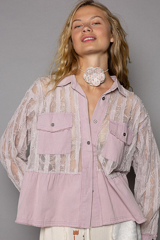 POL Oversize Button Down Contrast Lace Pattern Shirt Jacket - Roulhac Fashion Boutique