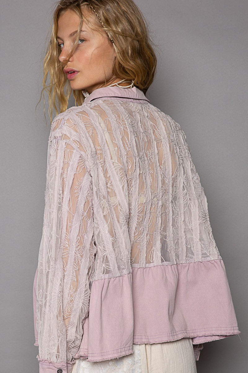 POL Sheer Lace Panels Oversize Button Down Hi-Low Hem Lace Shirt - Roulhac Fashion Boutique