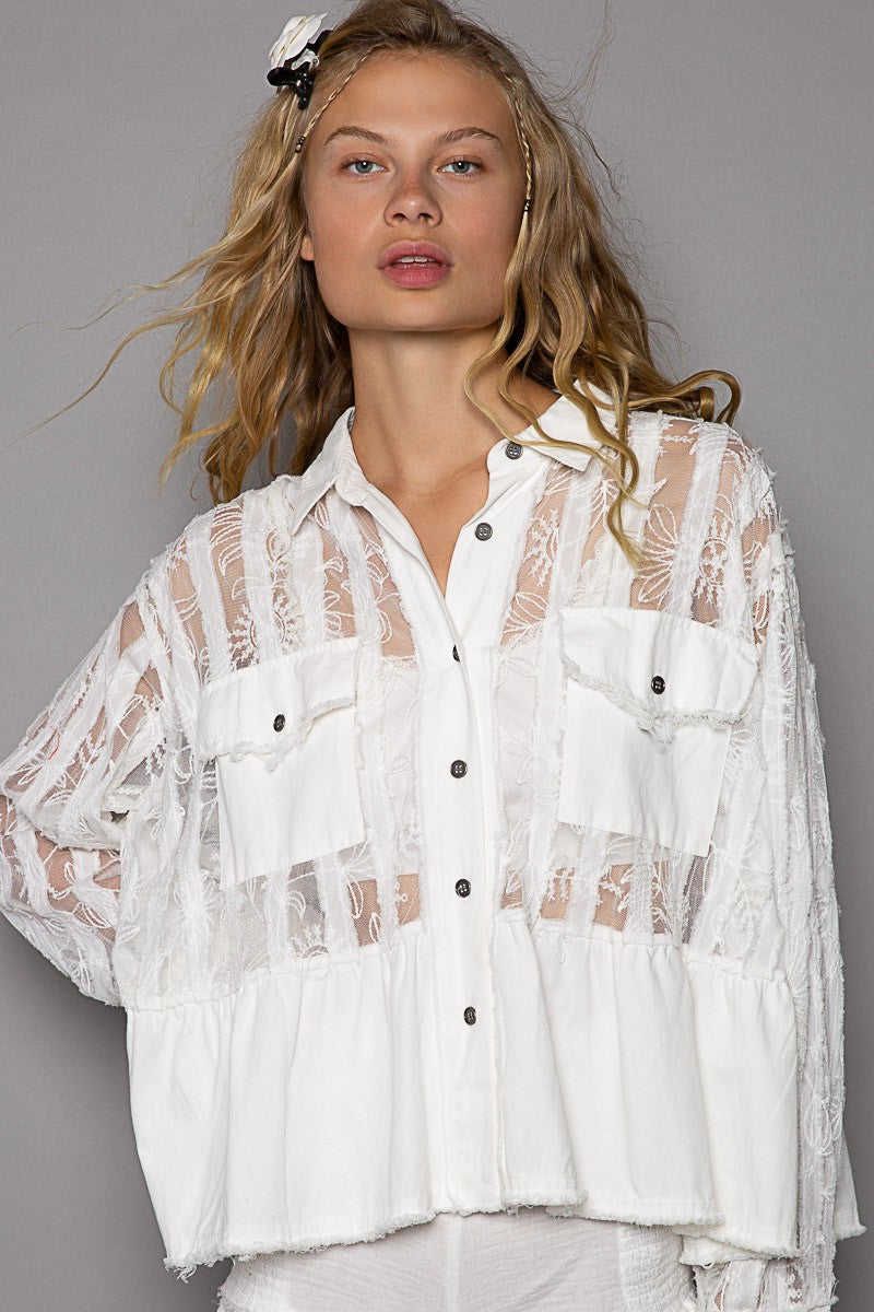 POL Sheer Lace Panels Oversize Button Down Hi-Low Hem Lace Shirt - Roulhac Fashion Boutique