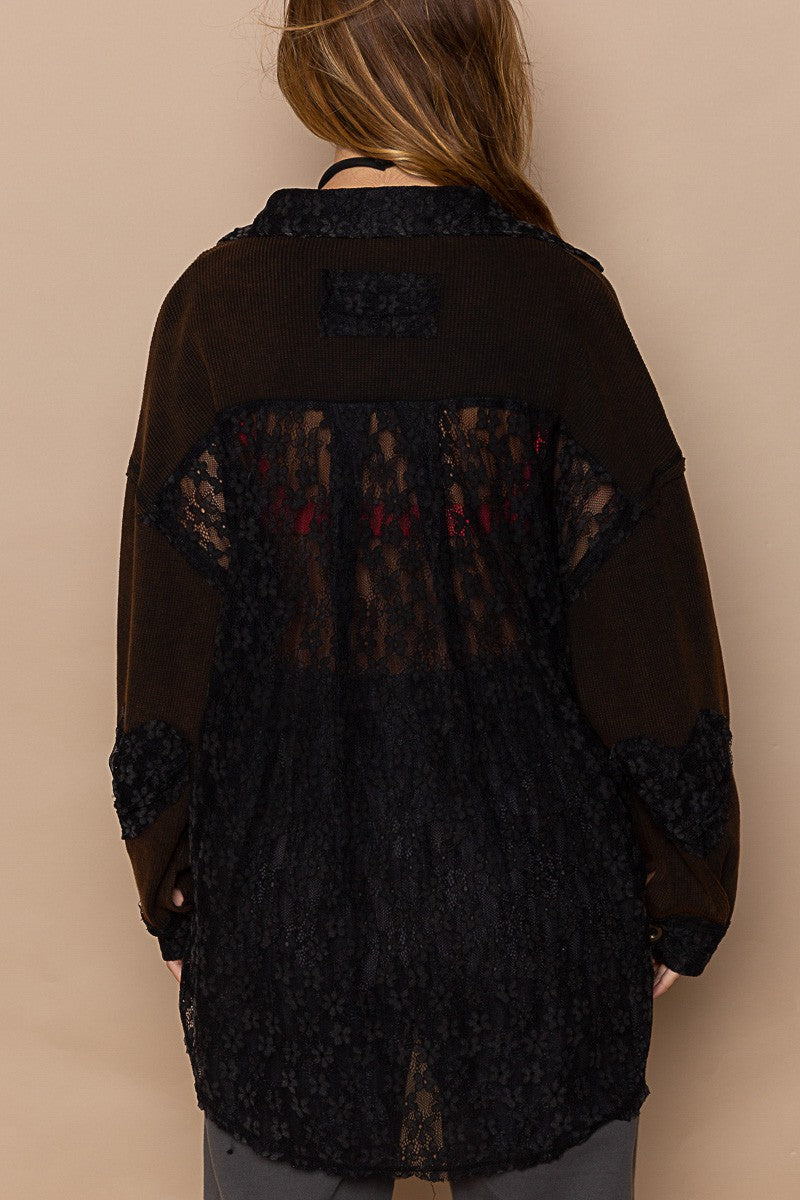 POL Oversize Thermal Contrast Lace Panel Relaxed Fit Shirt Jacket