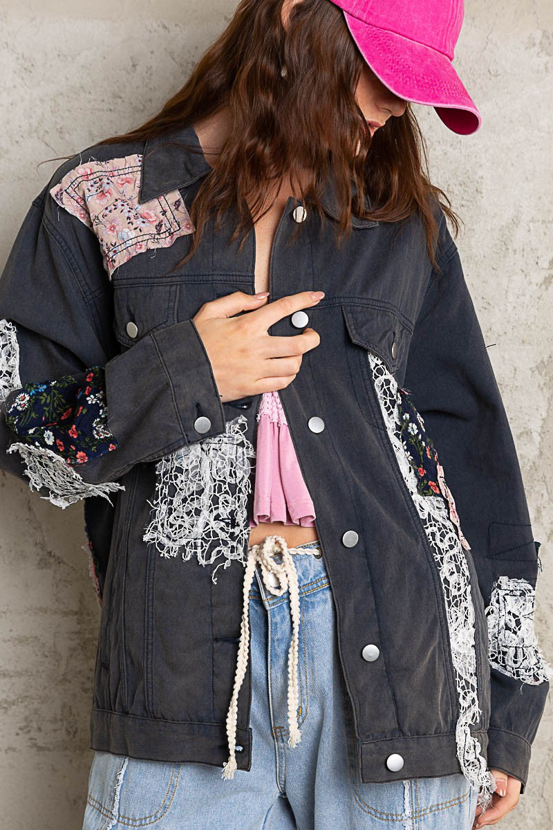 POL Oversize Contrast Patch Detail Button Down Shirt Jacket