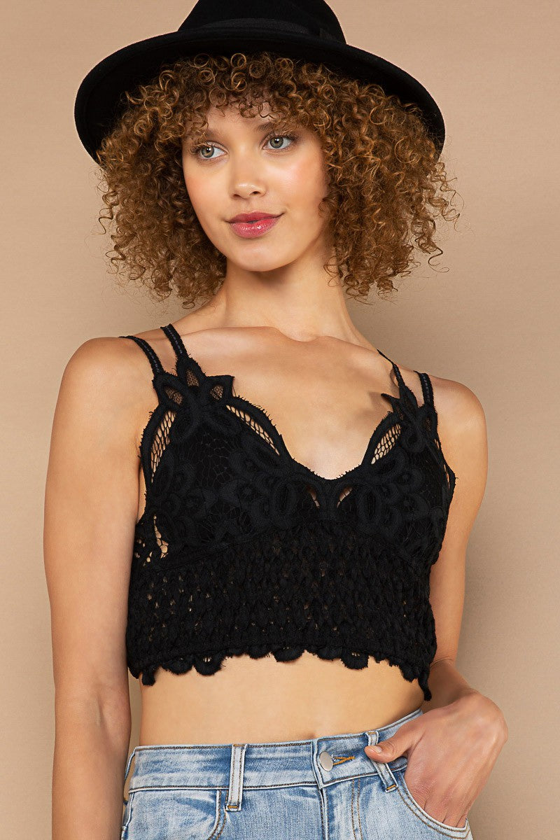POL Cropped Embroidered Lace Bralette Smocked V Neck Sleeveless Top