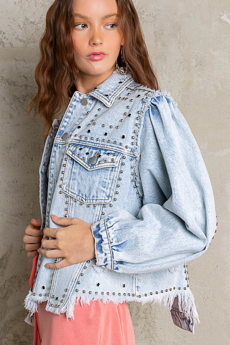 POL Metallic Studded Distressed Relaxed Fit Denim Jacket - Roulhac Fashion Boutique