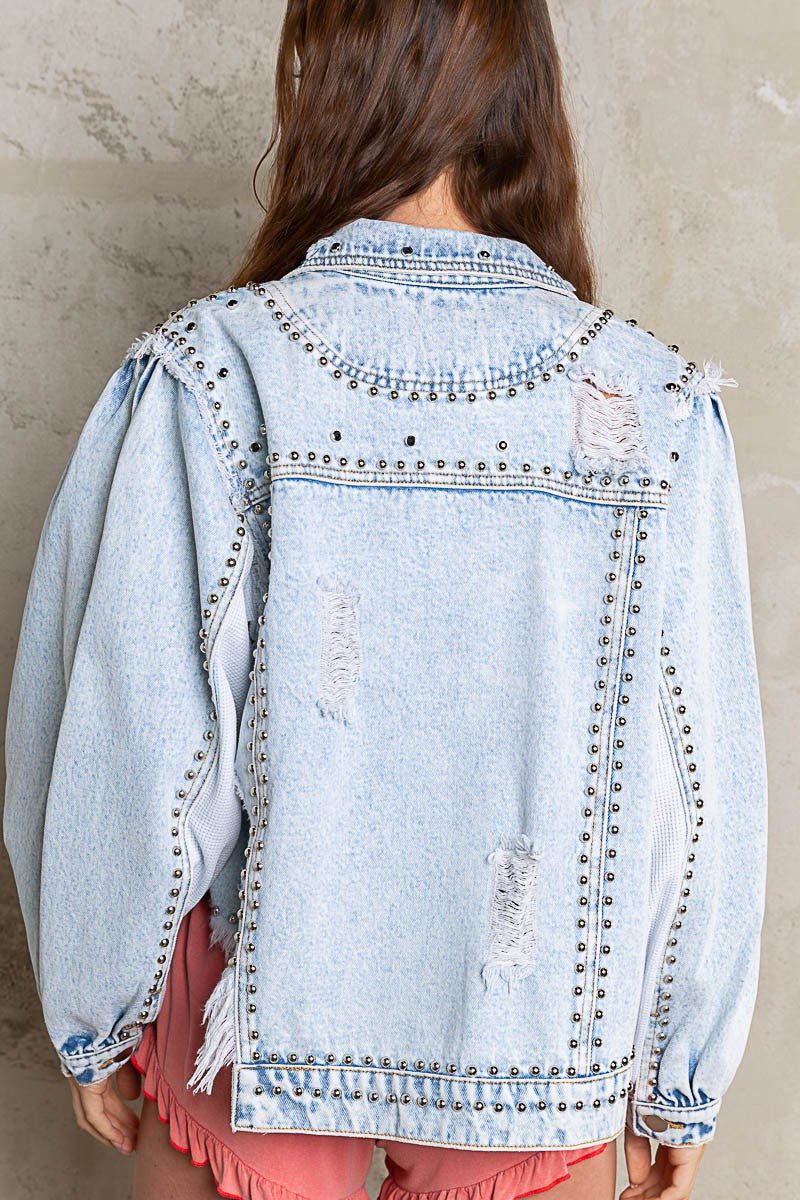 POL Metallic Studded Distressed Relaxed Fit Denim Jacket