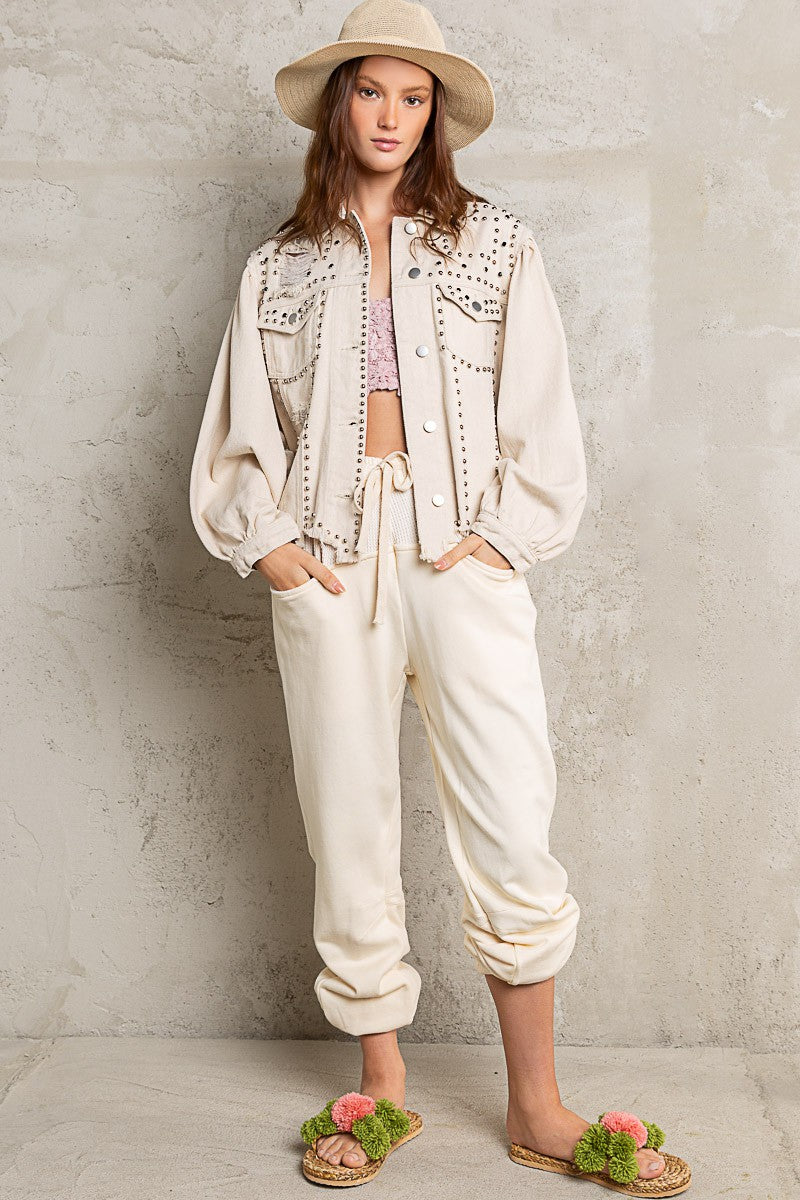 POL Metallic Studded Distressed Relaxed Fit Denim Jacket