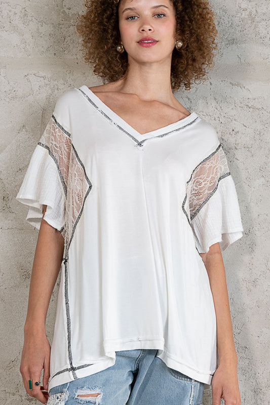 POL Relaxed Fit Ruffle Lace Mix Knit Short Sleeve V-Neck Jersey Top - Roulhac Fashion Boutique