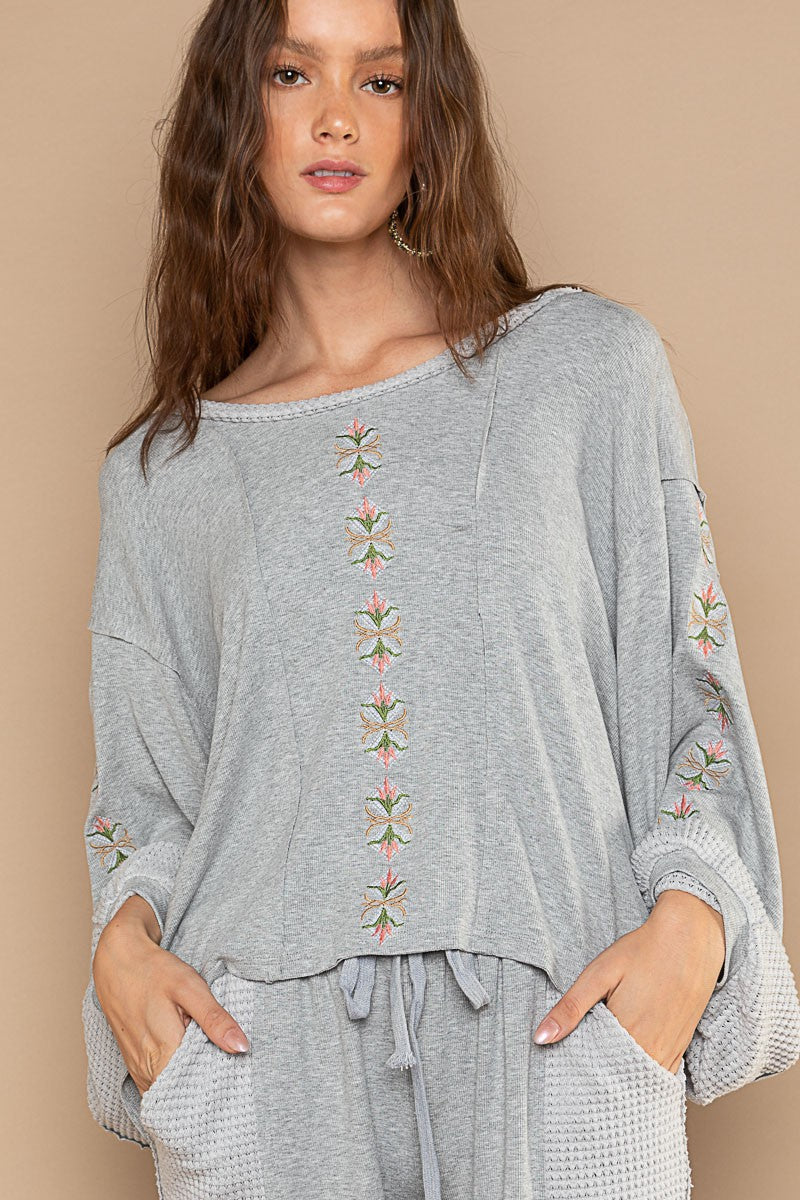Pol Oversize Balloon Sleeve Wide Neck Embroidered Boat Neck Top - Roulhac Fashion Boutique