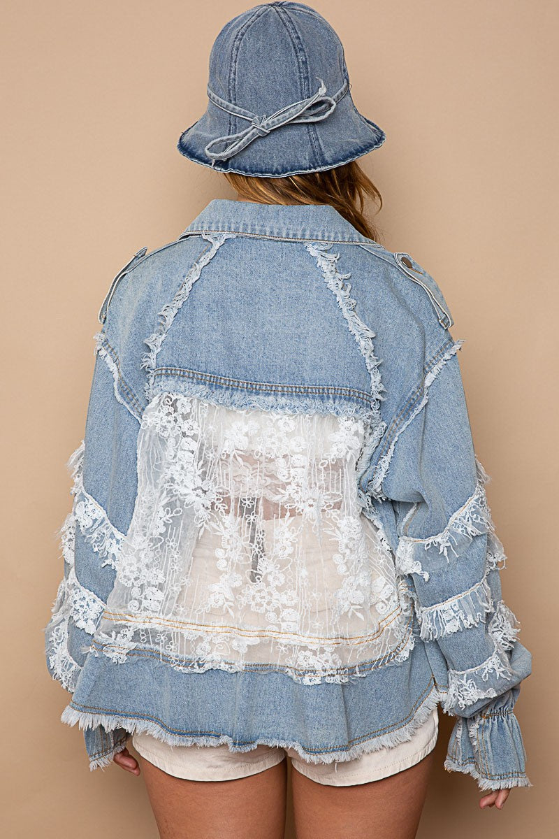 POL Lace Ruffle Trim Embroidered Panel Button Down Denim Jacket - Roulhac Fashion Boutique
