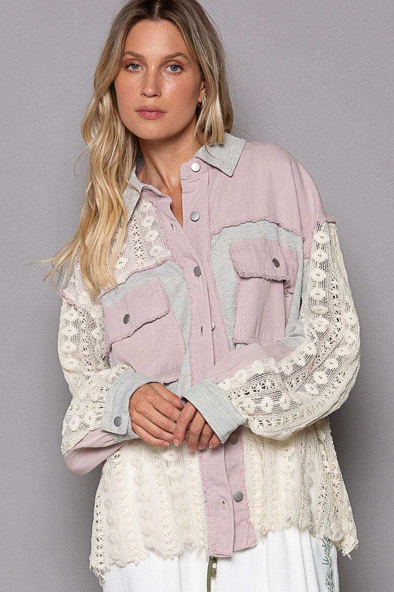 POL Oversize Thermal Contrast Lace Crochet Button Down Shirt Jacket - Roulhac Fashion Boutique