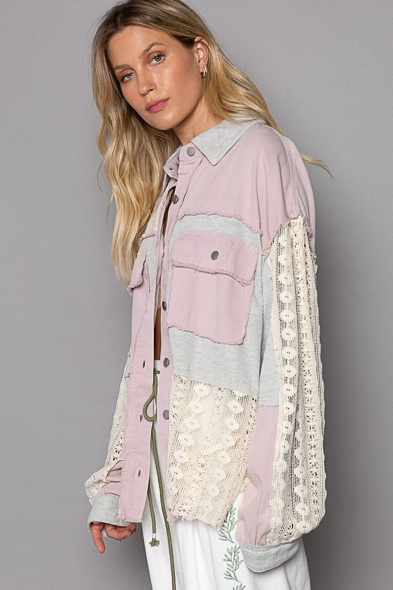 POL Oversize Thermal Contrast Lace Crochet Button Down Shirt Jacket - Roulhac Fashion Boutique