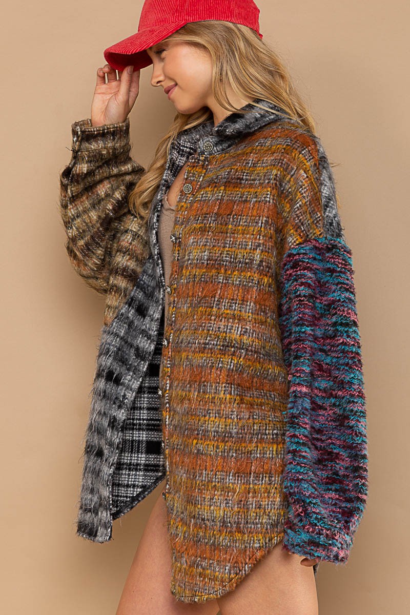 POL Multi Contrast Sweater Sleeve Brushed Plaid Collared Shacket - Roulhac Fashion Boutique
