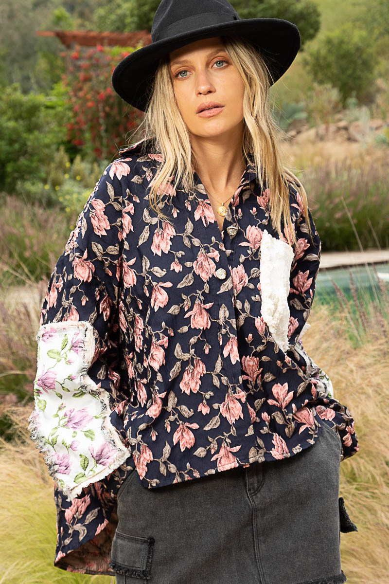 POL Floral Panels Pattern Collared Button Down Jacquard Relaxed Fit Shacket - Roulhac Fashion Boutique