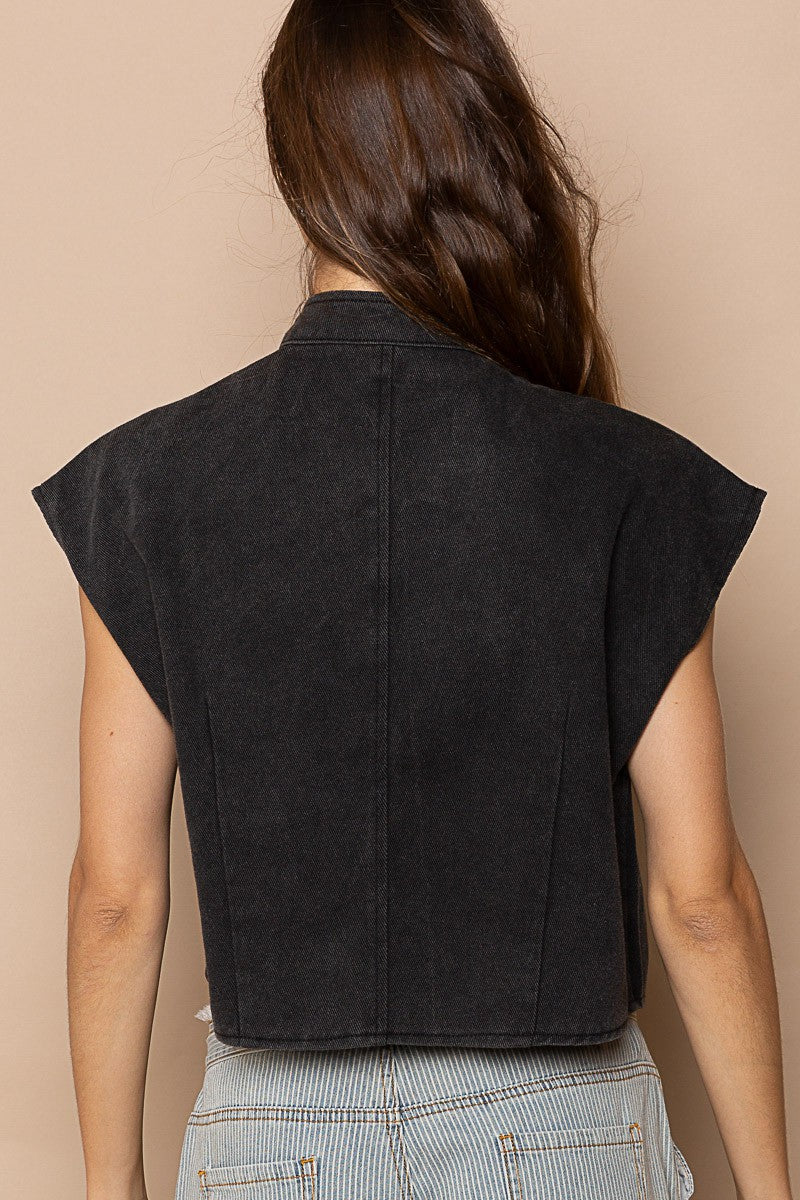 POL High Neck Zipper Front Zipper Detail Denim Vest Jacket - Roulhac Fashion Boutique