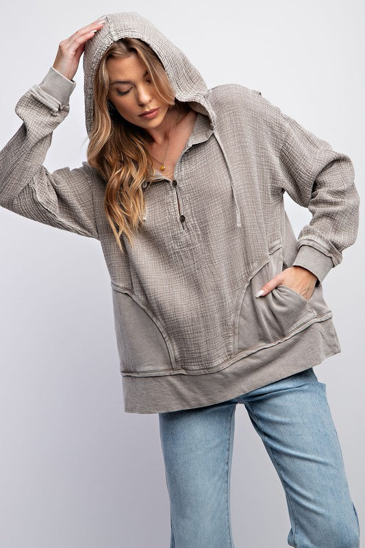 Easel Lt.Grey Mineral Washed Button Closure Front Cotton Gauze Loose Fit Hoodie - Roulhac Fashion Boutique