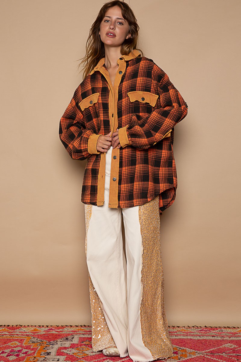 POL Contrast Thermal Collared Button Down Plaid Long Sleeves Shacket