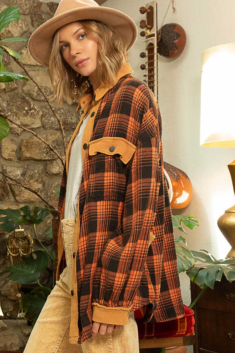 POL Contrast Thermal Collared Button Down Plaid Long Sleeves Shacket - Roulhac Fashion Boutique