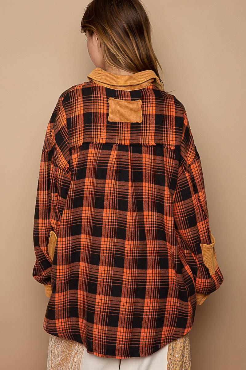 POL Contrast Thermal Collared Button Down Plaid Long Sleeves Shacket