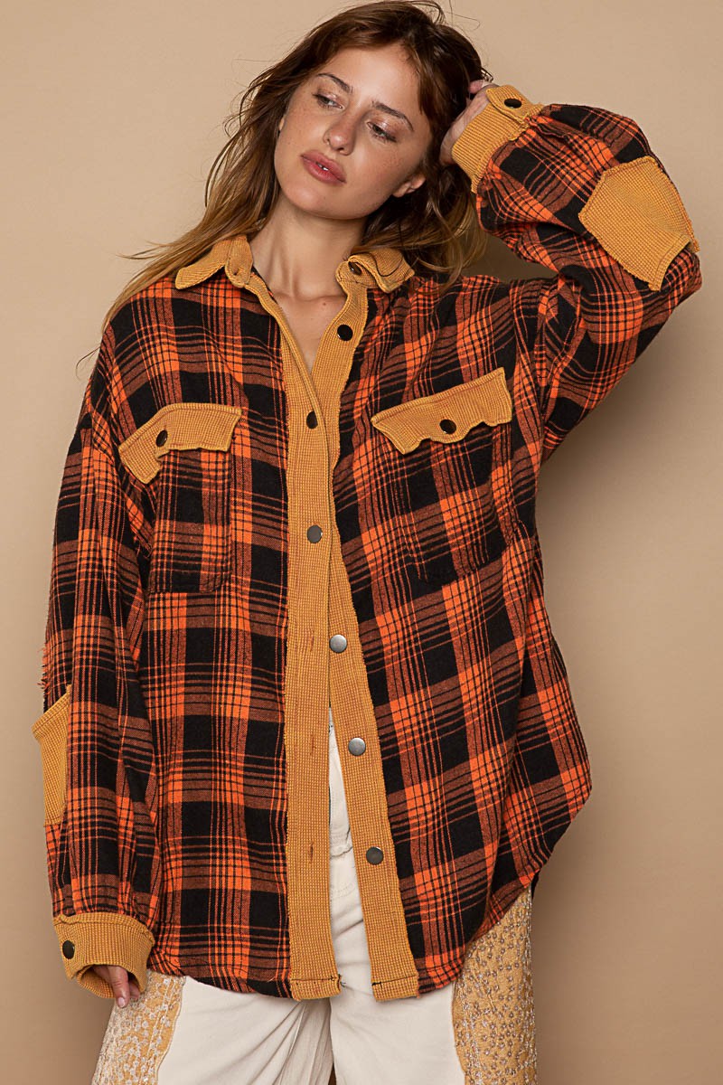 POL Contrast Thermal Collared Button Down Plaid Long Sleeves Shacket