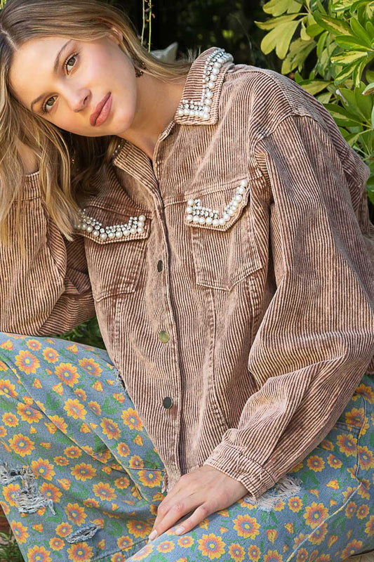 POL Pearl Stone Studs Collar Button Down Corduroy Frayed Edge Jacket - Roulhac Fashion Boutique