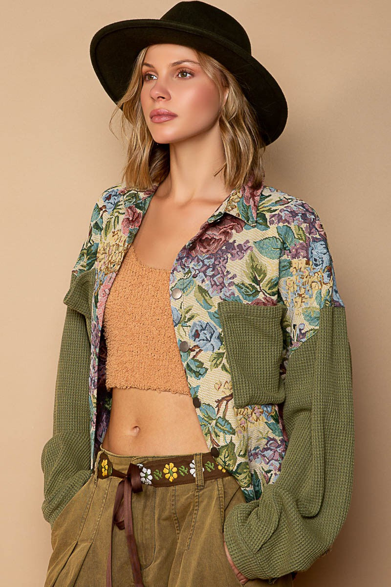POL Contrast Sleeves Button Down Floral Jacquard Shirt - Roulhac Fashion Boutique