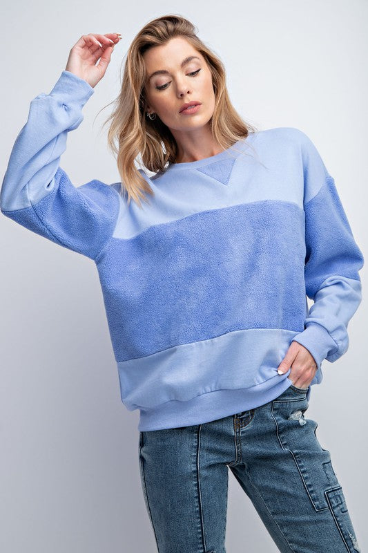 Easel Peri Blue Terry Crew Neckline Fleece Fabrication Loose Fit Pullover Top - Roulhac Fashion Boutique