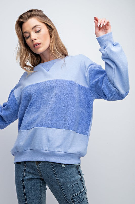 Easel Peri Blue Terry Crew Neckline Fleece Fabrication Loose Fit Pullover Top - Roulhac Fashion Boutique