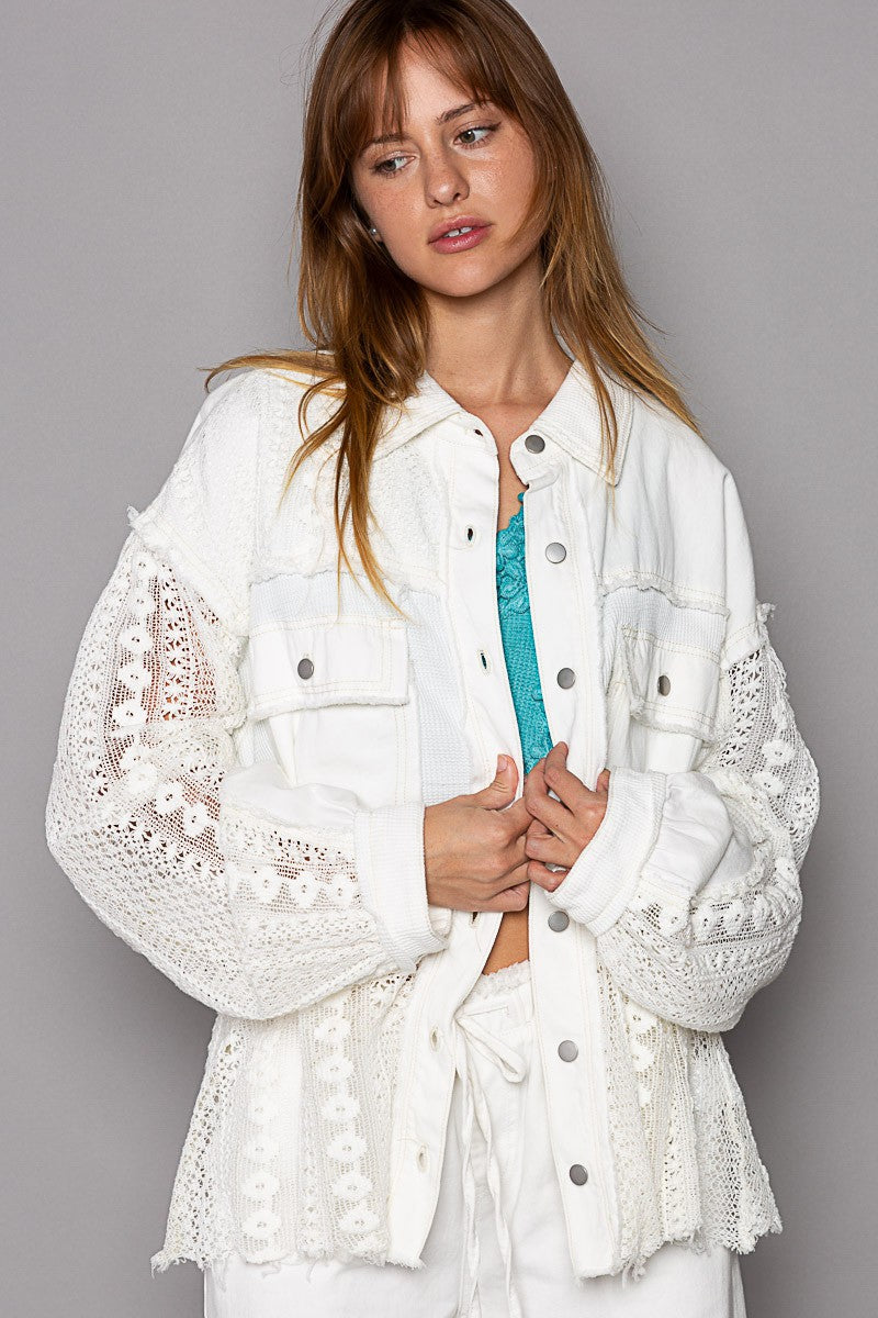 POL Oversize Contrast Lace Crochet Button Down Long Sleeve Shirt Jacket - Roulhac Fashion Boutique