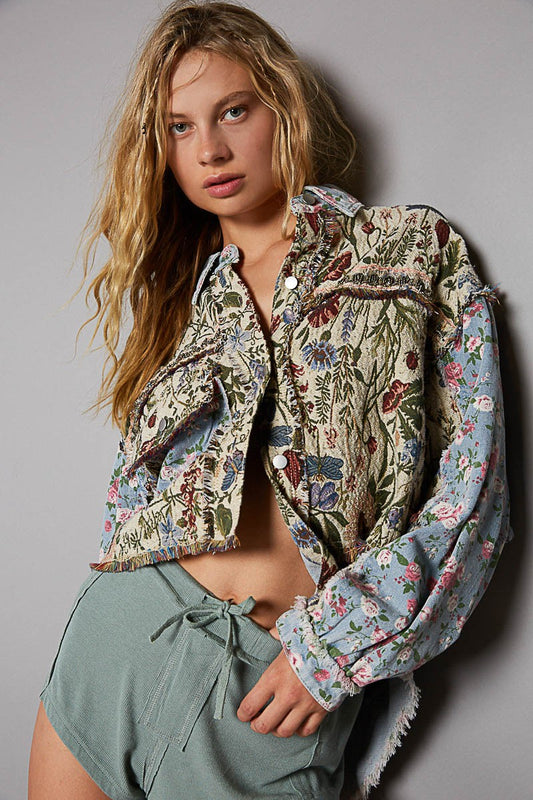 POL Oversized Fit Floral Print Hi-Lo Oversized Fit Denim Jacket - Roulhac Fashion Boutique
