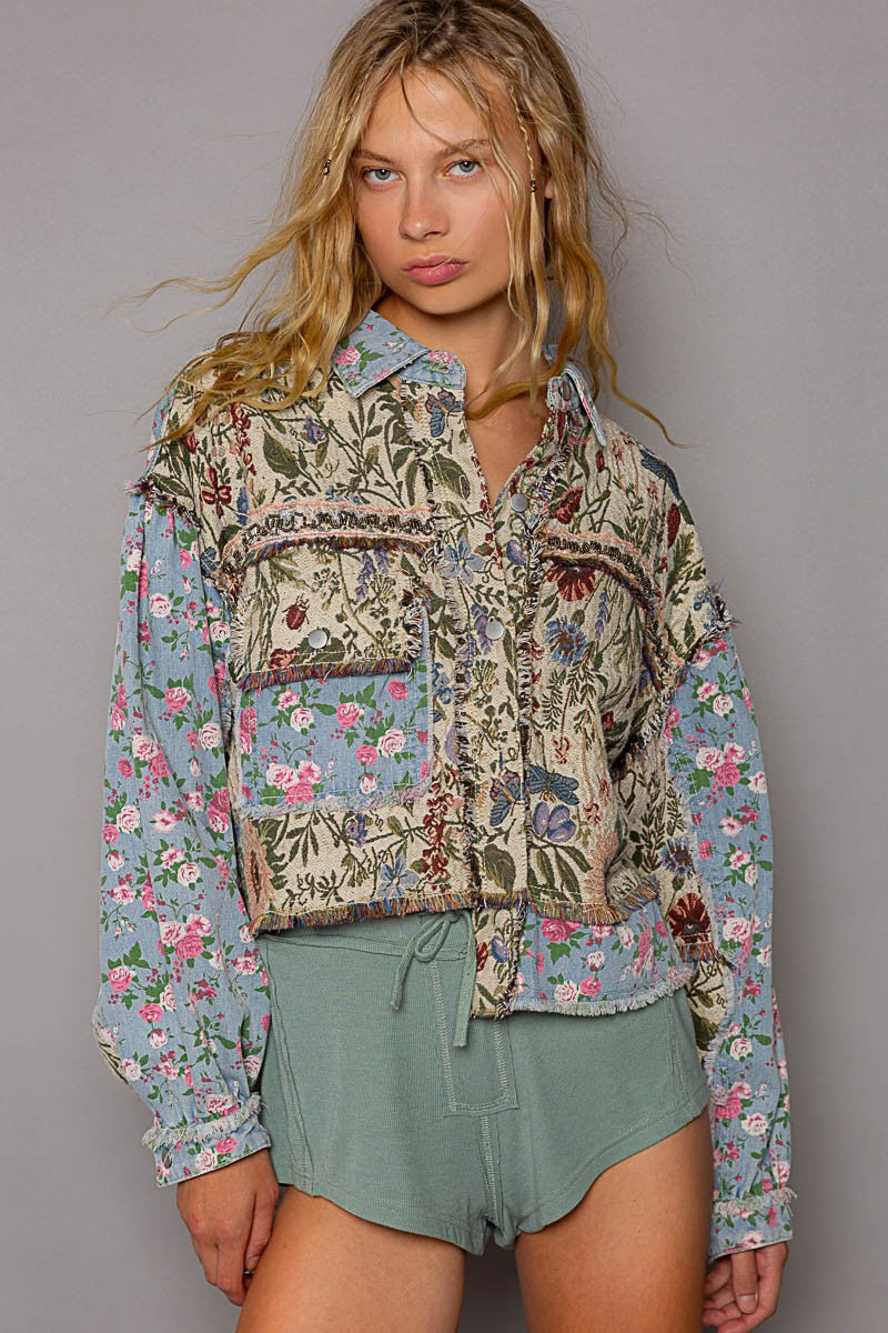 POL Oversized Fit Floral Print Hi-Lo Oversized Fit Denim Jacket - Roulhac Fashion Boutique