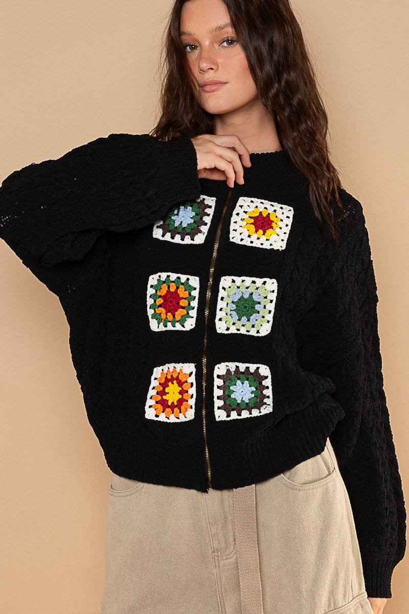 POL High Neck Hand Knit Squares Patches Zipper Front Sweater Jacket
