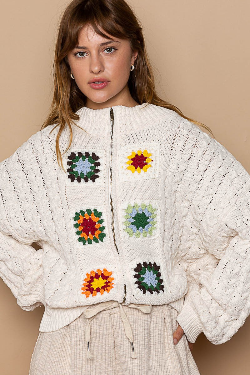 POL High Neck Hand Knit Squares Patches Zipper Front Sweater Jacket - Roulhac Fashion Boutique