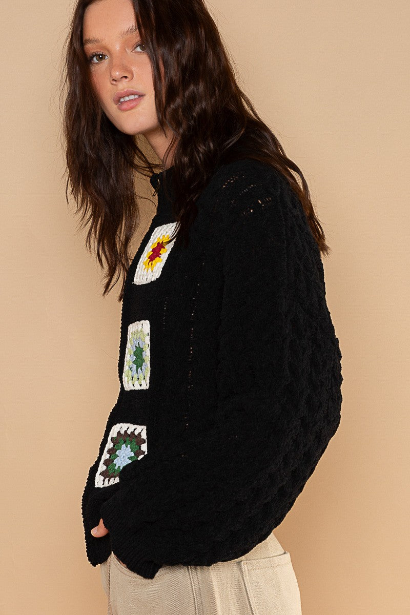 POL High Neck Hand Knit Squares Patches Zipper Front Sweater Jacket