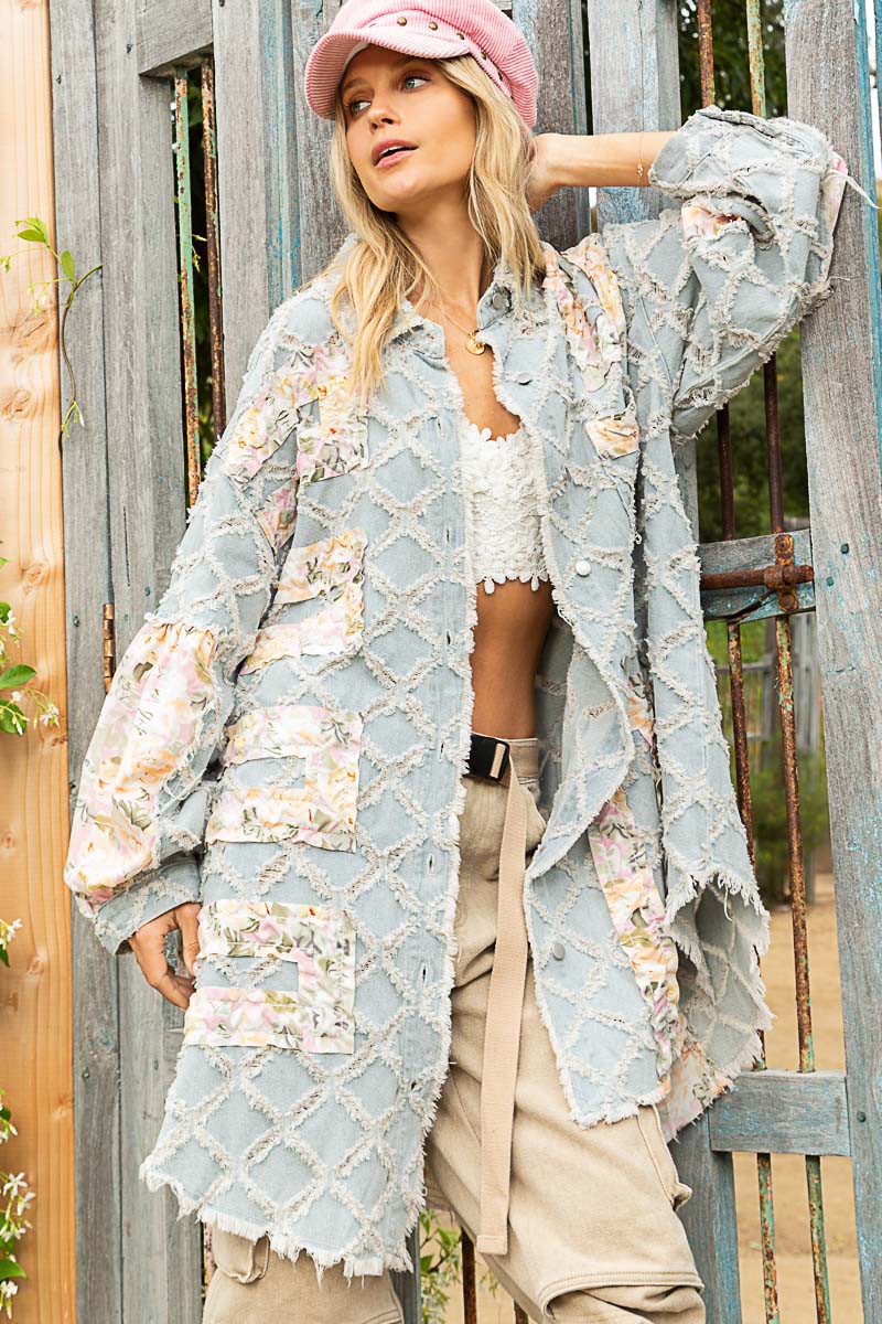POL Floral Print Frayed Texture Button Down Long Sleeves Shacket - Roulhac Fashion Boutique