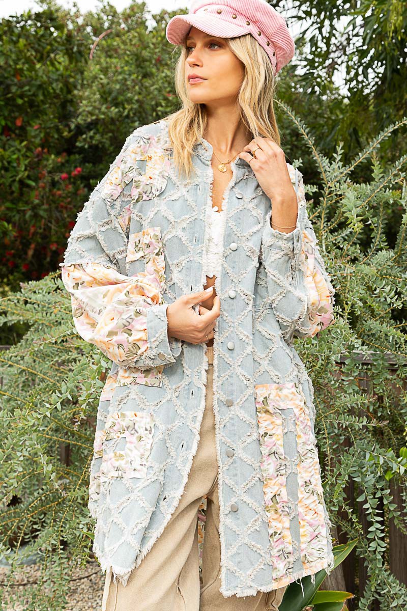 POL Floral Print Frayed Texture Button Down Long Sleeves Shacket - Roulhac Fashion Boutique