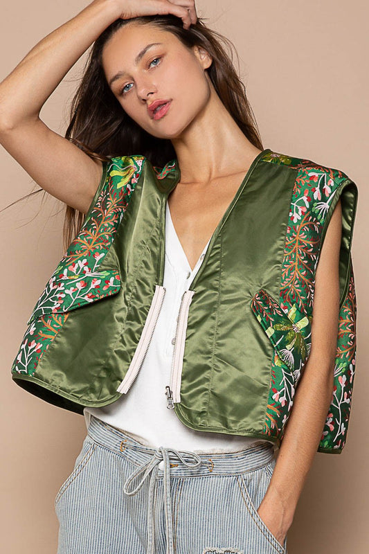 POL Print Jacquard Zipper V-Neck Sleeveless Quilted Woven Vest Jacket - Roulhac Fashion Boutique