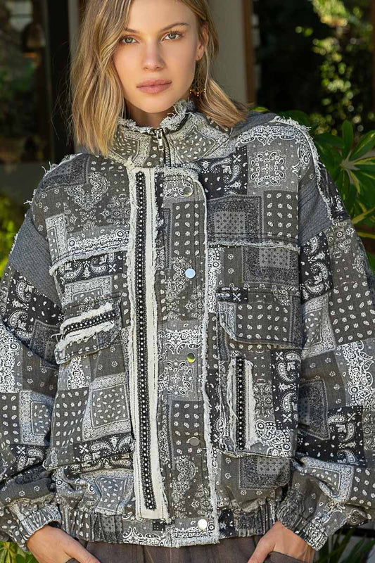 POL Zipper Thermal Hooded Long Sleeves High Neck Paisley Print Jacket - Roulhac Fashion Boutique