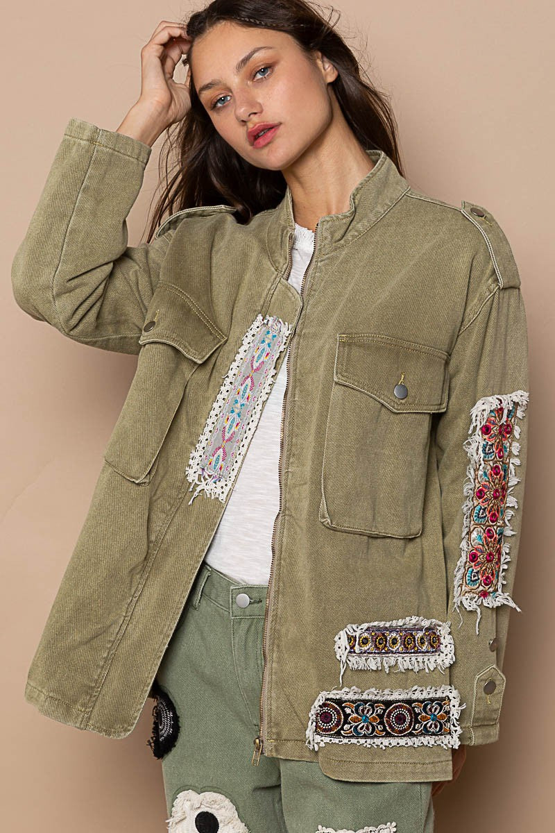 POL High Neck Zippered Utility Pockets Collar Military Jacket