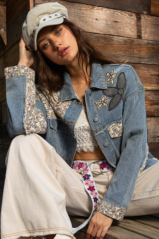 POL Lace Floral Patch Work Button Down Collared Denim Jacket - Roulhac Fashion Boutique