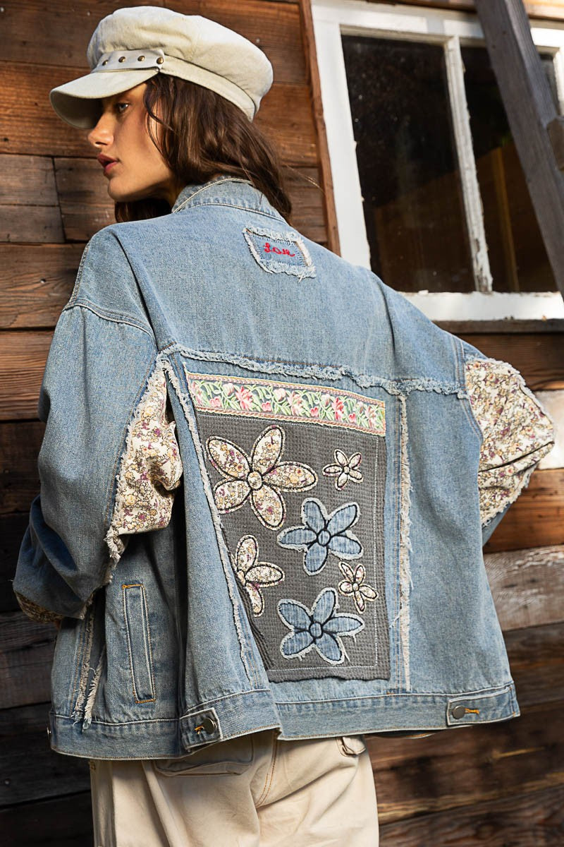 POL Lace Floral Patch Work Button Down Collared Denim Jacket - Roulhac Fashion Boutique