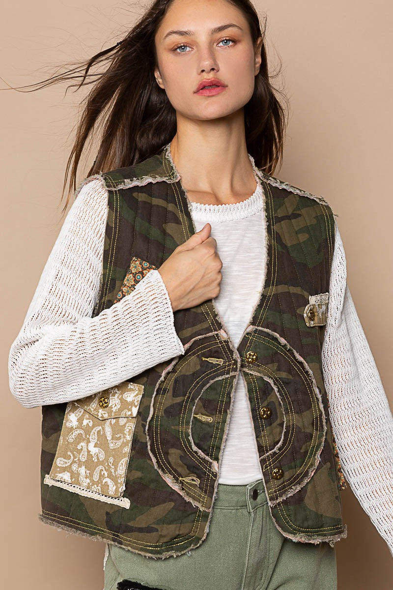 POL Quilt Twill Camo Print With Patch Detail Vest Jacket - Roulhac Fashion Boutique