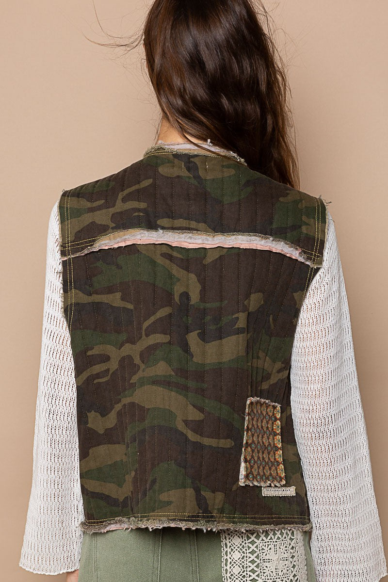 POL Quilt Twill Camo Print With Patch Detail Vest Jacket - Roulhac Fashion Boutique